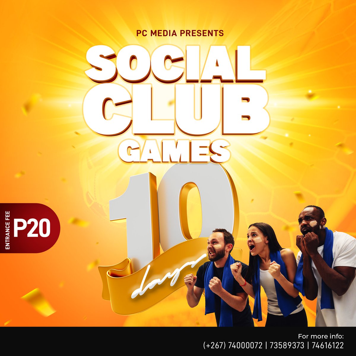 PersilaCraven's tweet photo. 10 DAYS REMAINING to the 2023 Social Club Games.🕺🏾🕺🏾 Invite your friends and family, come all!!
Remember registration fee is P500 per team. General audience pay P20 at the gate!! 🤟🏾
#PushaBw
#DecemberPlans
#SocialClubGames2023 https://t.co/HM9DaRSLcC