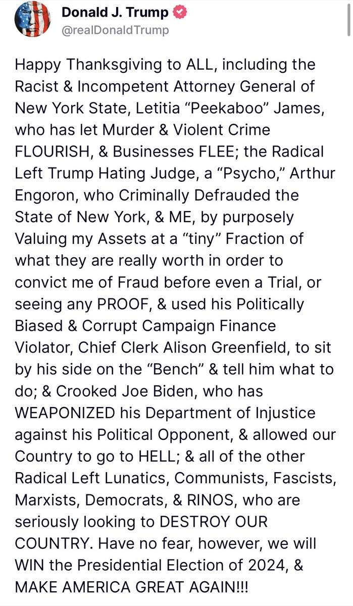 President Trump has a new and improved updated version of his yearly Thanksgiving message.

Happy Thanksgiving to ALL, INCLUDING: 

😂