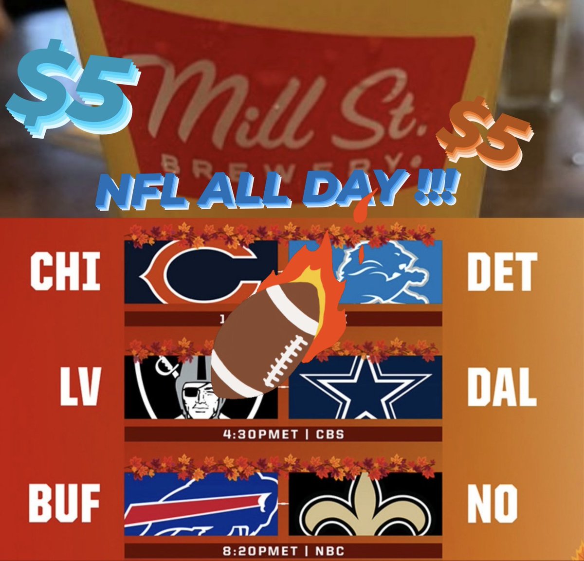 NFL And $5 Mill Street all Day !!!!
#NFL #football #thursday #beer #lions #cowboys #Mississauga #Meadowvale #Streetsville #nachos #wings #foodie #eat #drink #love #skipwork #gameday <a href="/MillStreetBrew/">Mill Street Brewery</a>