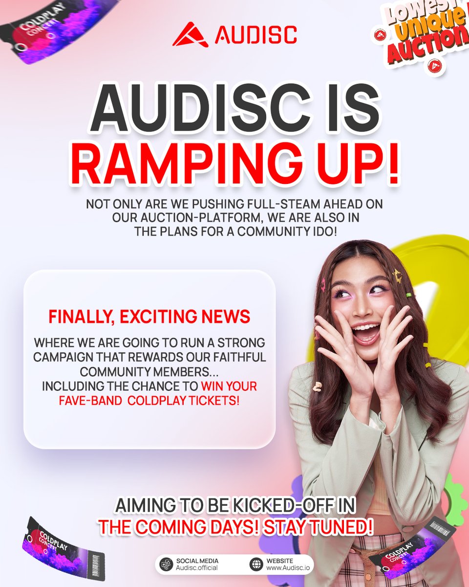 audiscofficial's tweet photo. AUDISC Fans! Here is your chance!
To collect tokens of your beloved auction platform AND win concernts to your fave ColdPlay concert.

Like, retweet, and spread the word for more chances to win!
Join our discord for more details : https://t.co/mbmYvG0e7T

#cryptocurrency  #Auction  #TOKEN