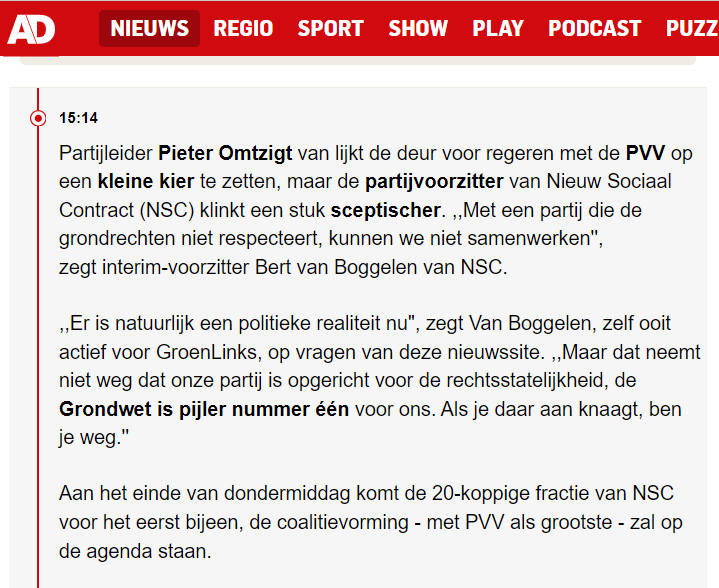 N I E U W S - NSC-partijvoorzitter uiterst sceptisch over samenwerking met PVV: 'Onze partij is opgericht voor de rechtsstatelijkheid, de Grondwet is pijler nummer één voor ons. Als je daar aan knaagt, ben je weg' 
Lees hier meer 👇 ad.nl/politiek/live-…