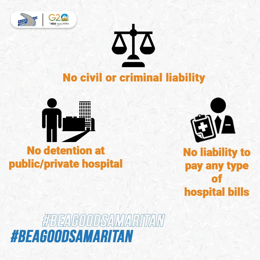 A legal framework known as the 'Good Samaritan Law' protects #GoodSamaritans when they assist victims of road accidents. Together, let's make the commitment to #BeAGoodSamaritan and save lives. #NHAI #RoadSafety #SadakSurakshaJeevanRaksha