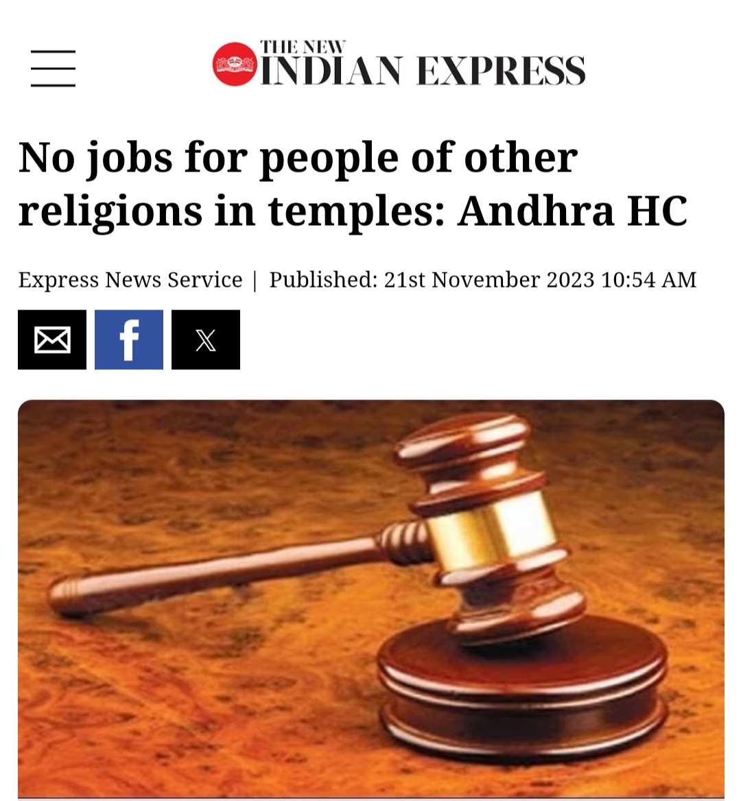 Andhra Pradesh High Court has ruled that people of other religions are not eligible for employment in temples. Only those who follow Hindu religion are eligible to work in temples.