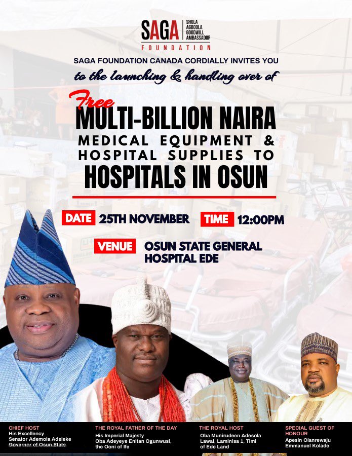 Osun state are you ready ? 

SAGA Foundation is bringing Help, Healing and Empowerment to you 

👏🏽👏🏽👏🏽

Don jazzy Zino THE END IS NOW jasmine Harry Maguire GenZBaddie NYSC