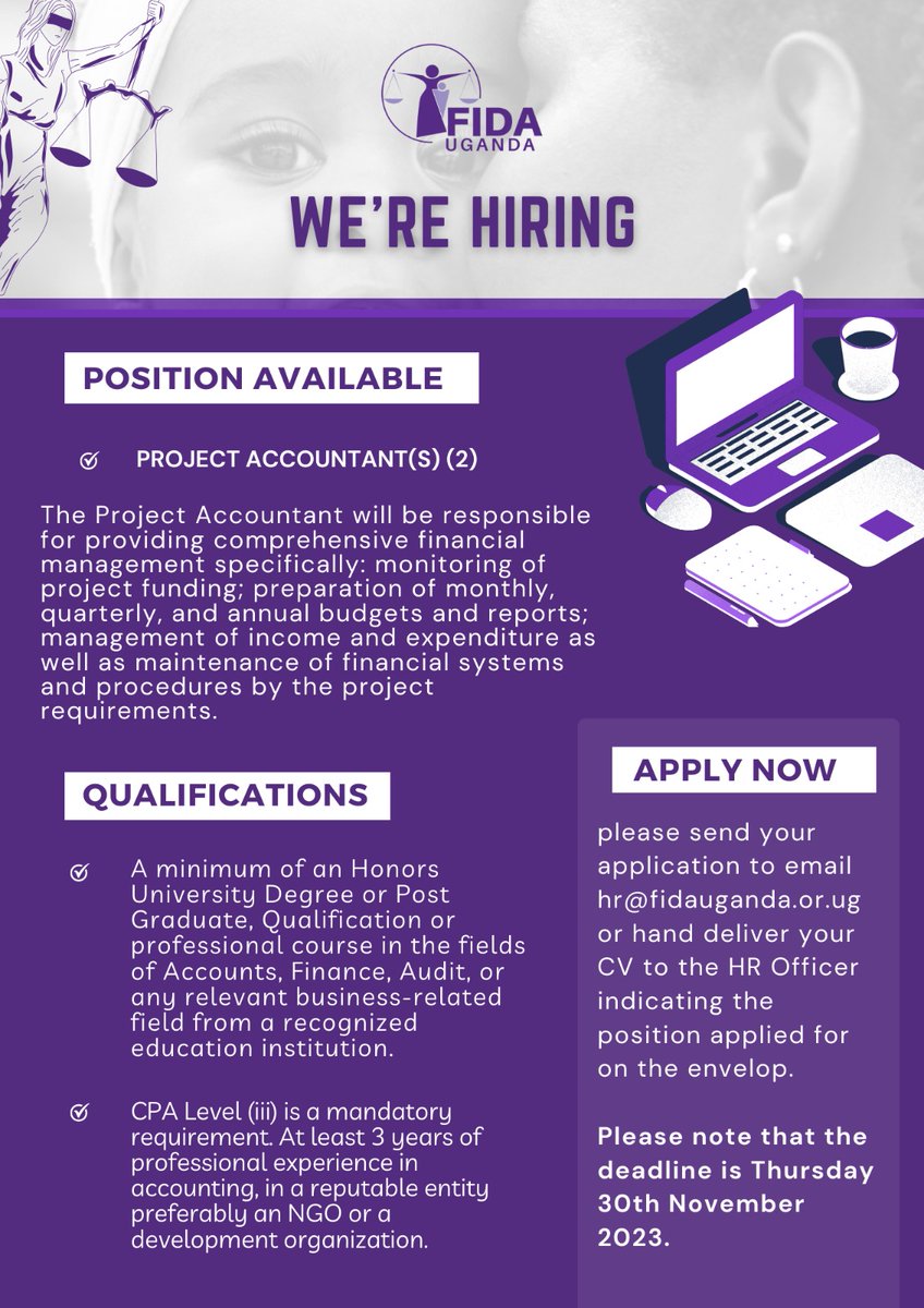 #Hiring 

#FIDAU is searching for two project accountants to join our team! 

Please forward your full application package including references, resume and academic credentials to the email written on the flyer below or deliver it to us directly at our main office off Ntinda