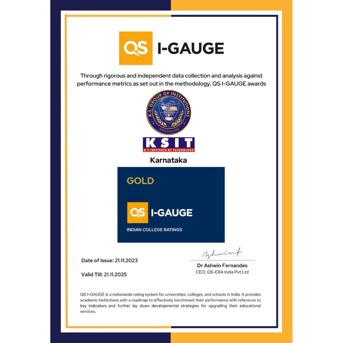igaugerating's tweet photo. #Congratulations to K S Institute of Technology (KSIT), #Bangalore for their remarkable #achievement in securing the prestigious QS I-GAUGE #GoldRating.
About #KSIT: https://t.co/mYr21waMc2
About QS I-GAUGE #CollegeRating: https://t.co/e9xkJizZmo
#QS #Education #India #Rating https://t.co/OQer6SY6LS