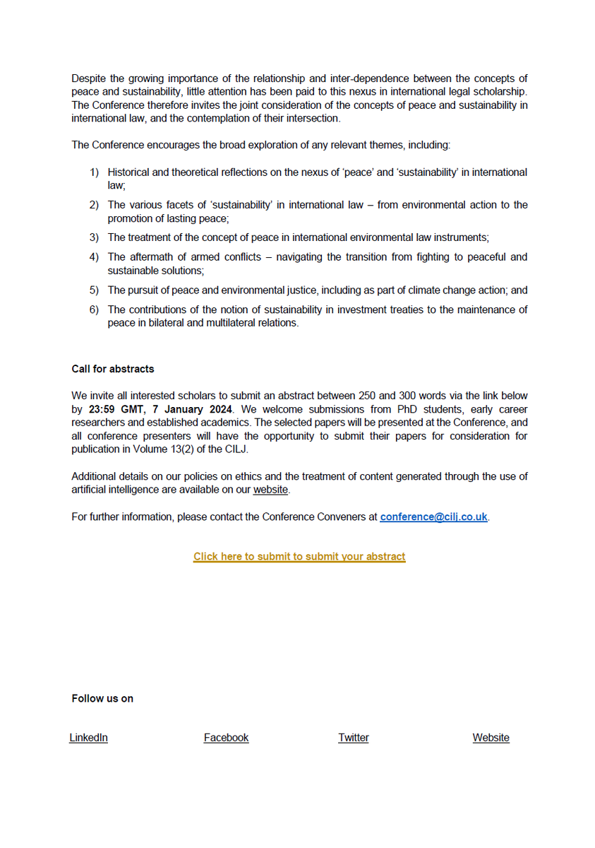 CamIntLJ's tweet photo. 🌍 The CILJ is accepting submissions of abstracts of papers to be considered for the 13th Annual Conference of the CILJ in April 2024. The topic of the Conference is ‘The Intersection of Peace and Sustainability in International Law’. 🕊️🌿

📢 Submit your abstracts by 7 January. https://t.co/O7np5b2GVG