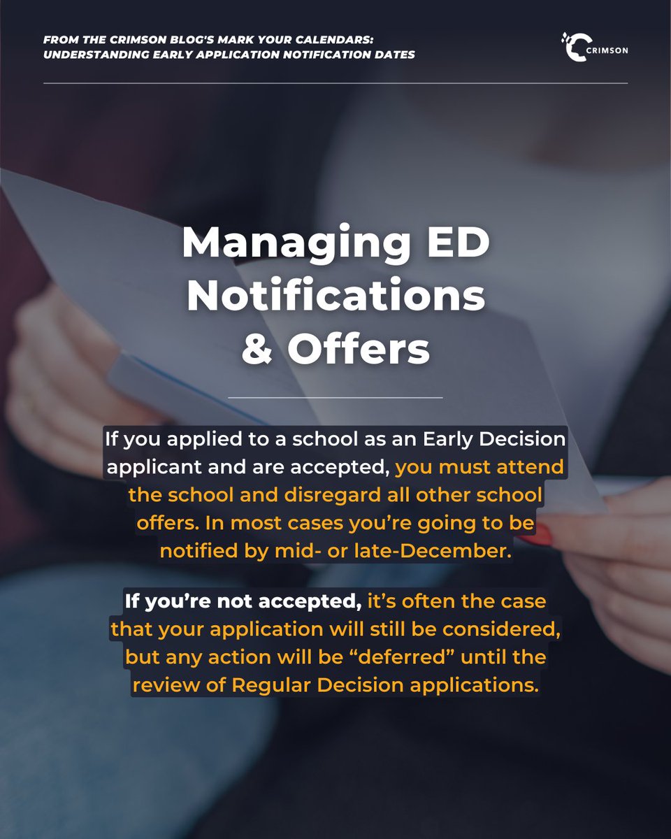 CrimsonEdu's tweet image. In this post we’ll review what students and their guardians need to know about Early Action, Early Decision, and Restrictive Early Action admissions policies. 🎓 

Link below. 🔗 

#earlyapplication #earlydecision #crimsoneducation crimsoneducation.org/blog/understan…