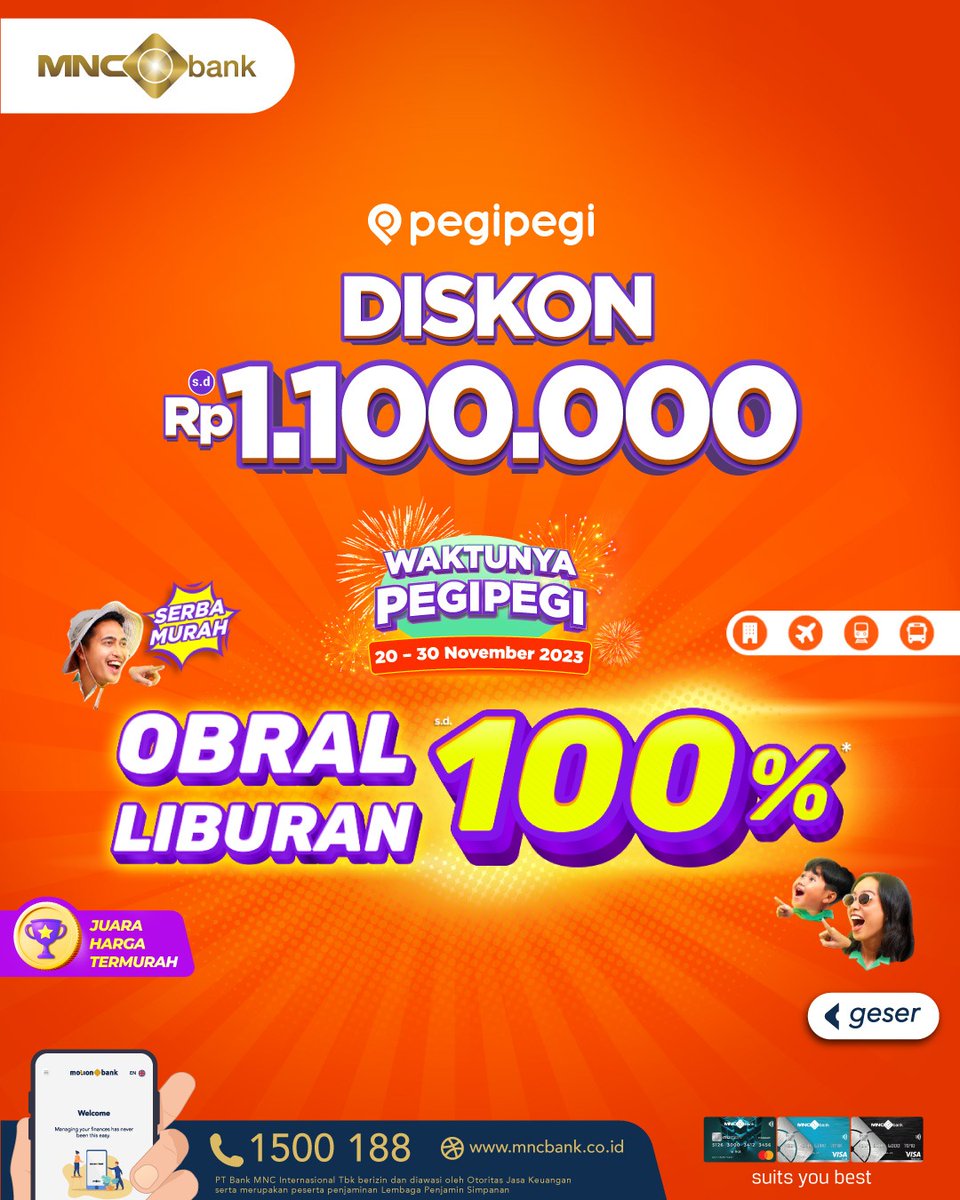 OfficialRCTI's tweet photo. DALAM ATAU LUAR NEGERI, BISA!
Manfaatkan DISKON s.d RP 1.100.000 untuk pembelian tiket pesawat, kamar hotel, kereta, dan bus di Pegipegi dengan Kartu Kredit MNC Bank sesuai ketentuan!
Info: https://t.co/mMya2BJ4bO
☎️1500188|https://t.co/CYeSvhHdjp
#MNCBank #trulyyou #Pegipegi https://t.co/UsIaU09GEI