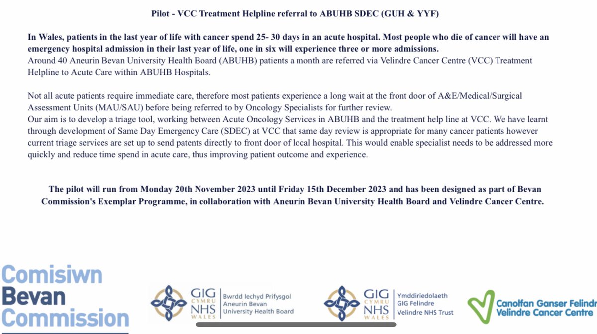 Live this week. Our @VelindreCC treatment helpline and @AneurinBevanUHB SDEC acute oncology referral pilot for the Bevan commission @ABB_AOS @hannahrusson1 @HilaryWMedic @BevanCommission