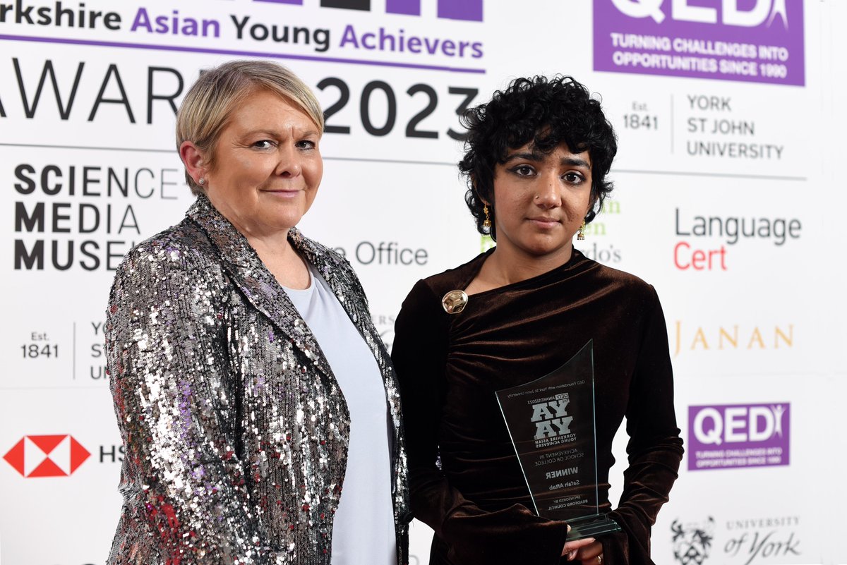 Safah Aftab awarded Achievement School or College, sponsored @bradfordmdc. Despite having ICF syndrome, rare genetic disorder, completed her GCSEs & went to college. Diagnosed with Hodgkin lymphoma she underwent chemotherapy. Her ambition's to study Human Rights Law at university