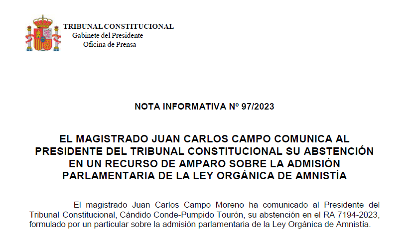 TConstitucionE's tweet photo. Nota de prensa | El magistrado Juan Carlos Campo comunica al Presidente del Tribunal Constitucional su abstención en un recurso de amparo sobre la admisión parlamentaria de la Ley Orgánica de Amnistía https://t.co/OLDWaBSR5y https://t.co/GlkdXN4p8V