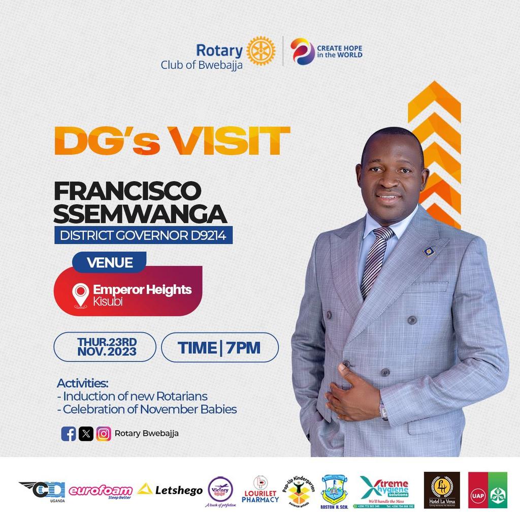 rotaryd9214's tweet photo. Hello Entebbe Corridor
The District Governor @SsemwangaFranc2 will be on official duty this evening @rotarybwebajja's home- Emperor Heights.
Don't hesitate to tag along as we #CreatHopeintheWorld
@RctEbb @RotaryKajjans @RotaractD9214
#RotaryD9214Ug_Tz
#jjk243
#غزة_تنتصر https://t.co/xtEceOMiry