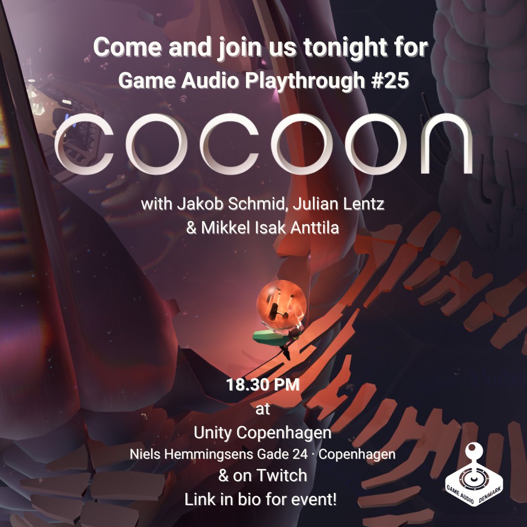 We hope to see you tonight for 'GAP#25 - Cocoon' at Unity Copenhagen or on Twitch!

Event: meetup.com/game-audio-pla…
Twitch: twitch.tv/gameaudioplayt…

<a href="/PlayCocoon/">COCOON</a> 
<a href="/GeometricInt/">Geometric Interactive</a> 
#Cocoon
#GameAudioPlaythrough
#GameAudioDenmark