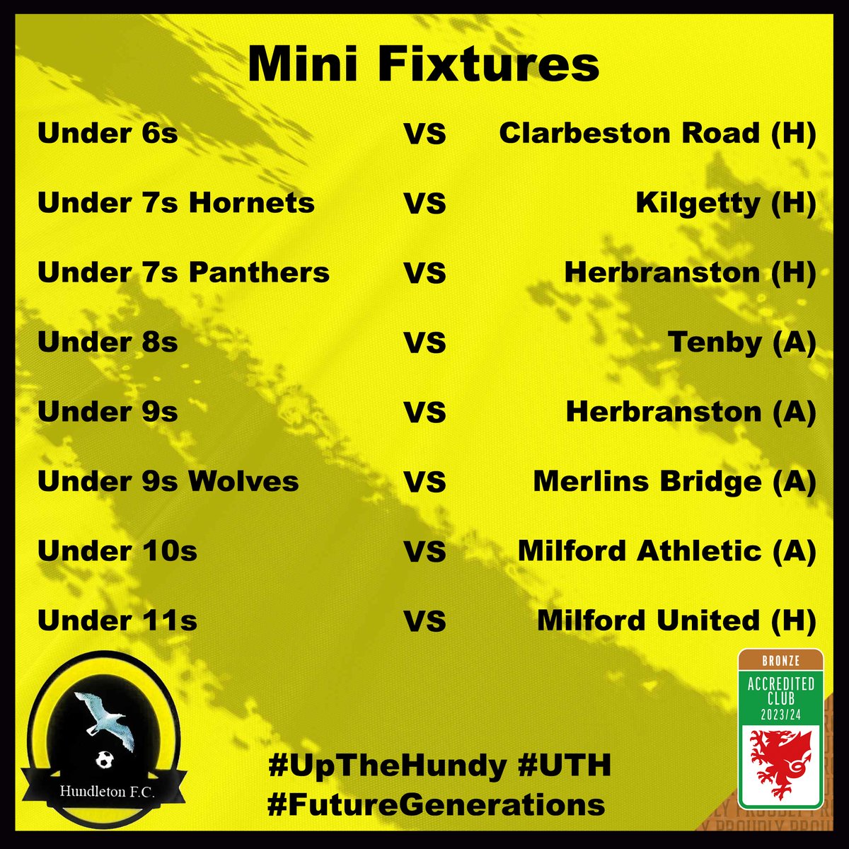 Fixture Round Up!
This weekend sees all teams in action from our Under 6s to Seniors and hopefully the weather stays dry. Come along and support the Hundy home and away.

Pob Lwc Pawb!

#upthehundy #oneclub #grassrootsfootball