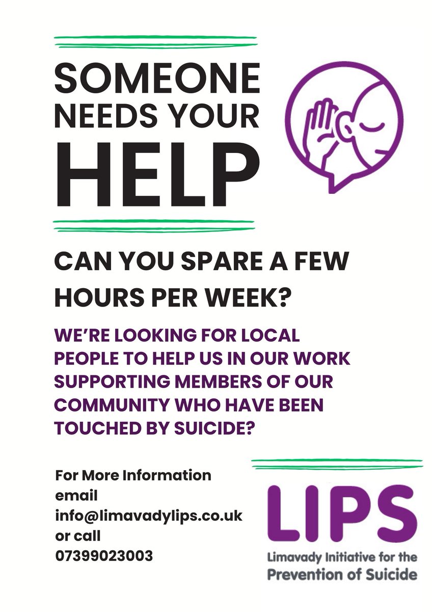 LipsSuicidePrev's tweet photo. Can you spare a few hours per week? LIPS can offer you a rewarding volunteer experience that includes up to date relevant training in supporting individuals and their families at a community level.
Get in touch for more info at info@limavadylips.co.uk or call us on 07399023003 https://t.co/oHTPxEgjhE