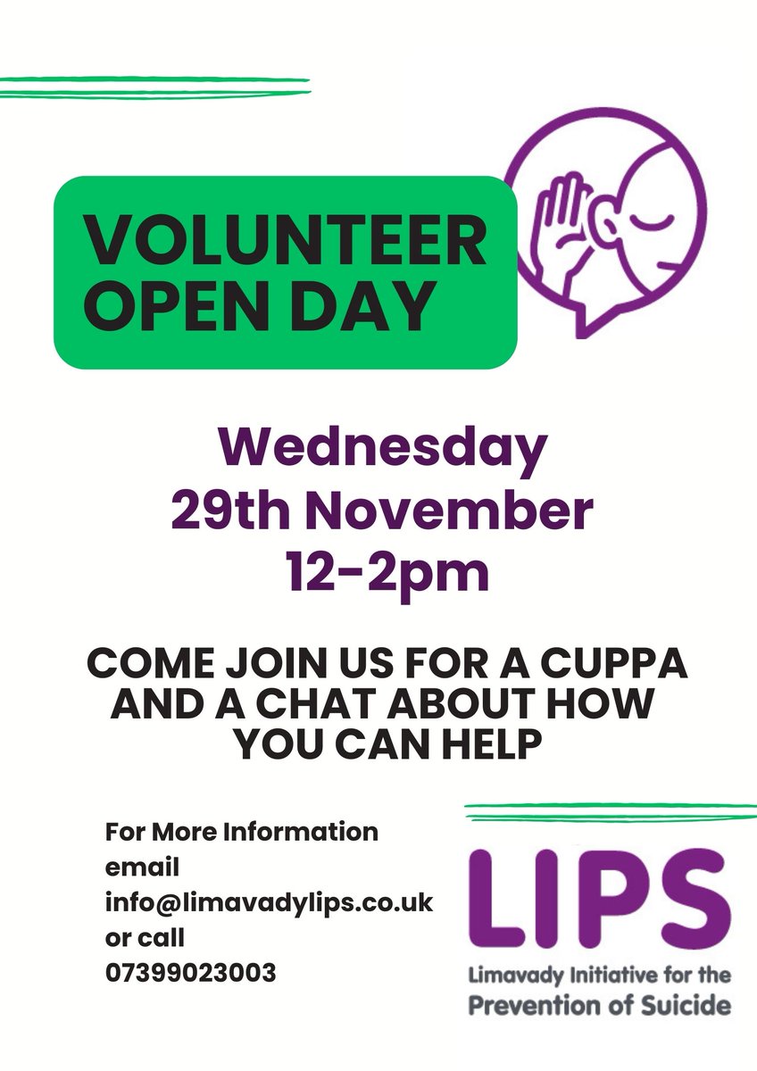 LipsSuicidePrev's tweet photo. Can you spare a few hours per week? LIPS can offer you a rewarding volunteer experience that includes up to date relevant training in supporting individuals and their families at a community level.
Get in touch for more info at info@limavadylips.co.uk or call us on 07399023003 https://t.co/oHTPxEgjhE