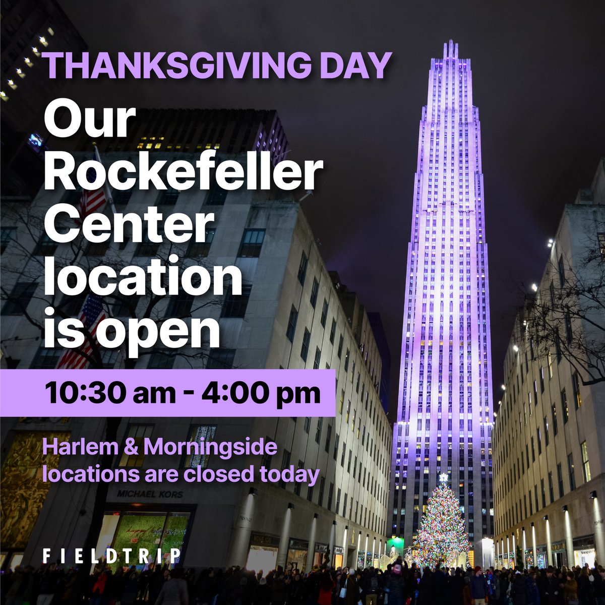 fieldtripusa's tweet photo. We're open from 10:30 am-4:00 pm to satisfy all your cravings at #RockefellerCenter.
Harlem &amp; Morningside locations are closed today.
We are back to regular business hours on Friday (Nov 24).

#FieldtripUSA #RiceIsCulture  #OpenOnThanksgiving https://t.co/Iiak35ioAT