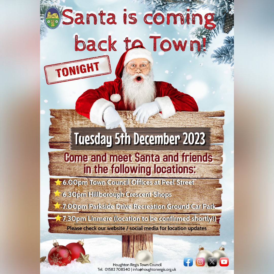 We're thrilled to announce that Santa Claus will be continuing his joyful journey through Houghton Regis tonight! 🎉🎅See him at the various locations. #hrtc #santa #Christmas