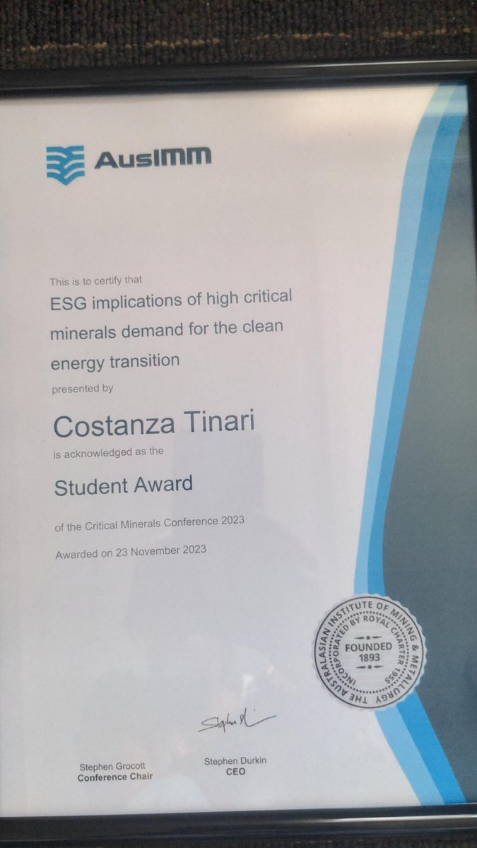 Congratulations to <a href="/CostanzaTinari/">Costanza Tinari</a>  for winning the Student Award at the AusIMM Critical Minerals Conference 2023. Costanza's research is part of the UCL-<a href="/UniSAFII/">UniSA Future Industries Institute</a> program and <a href="/AISRF_Minerals/">AISRF-Advanced Battery Materials and REE Recovery</a>. #ProfJuhasz #DrMackay @SukhbirKSandhu