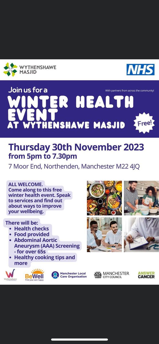 Come along and join us at Wythenshawe Masjid for a free winter health event on Thursday 30th November. There will be free health checks including AAA Screening ultrasound scans. See you there! #aaascreening #healthandwellness #community <a href="/mcrlco/">Manchester Local Care Organisation</a> <a href="/MFTnhs/">MFT NHS</a>