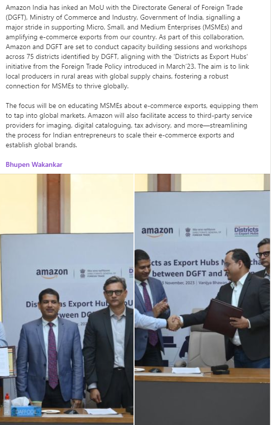 bwakankar's tweet photo. @amazonIN  is honored to be a partner in   Shri @SantoshSarangii's  vision to scale e-commerce exports across 75 districts identified by @dgftindia . This MoU between Amazon &amp; DGFT will further unlock MSME exports from all parts of India.
@AmitAgarwal https://t.co/CABJXaDxAu