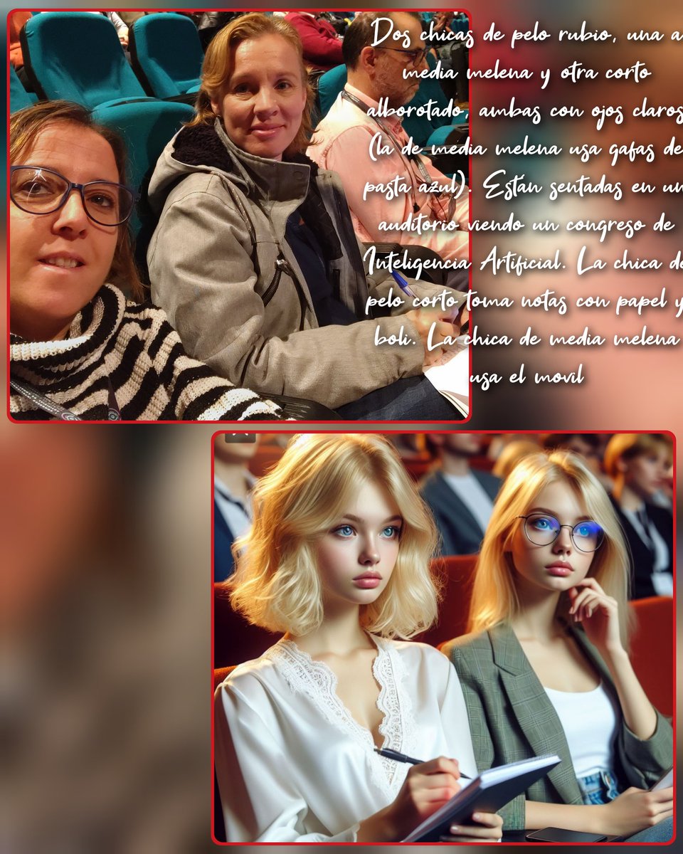 2chicas de pelo rubio, una a media melena y otra corto alborotado, ambas con ojos claros (la de media melena usa gafas de pasta azul). Están sentadas en un auditorio viendo un congreso de #IA. La chica de pelo corto toma notas con papel y boli. #AndalucIA23 #Realidad_VS_IA