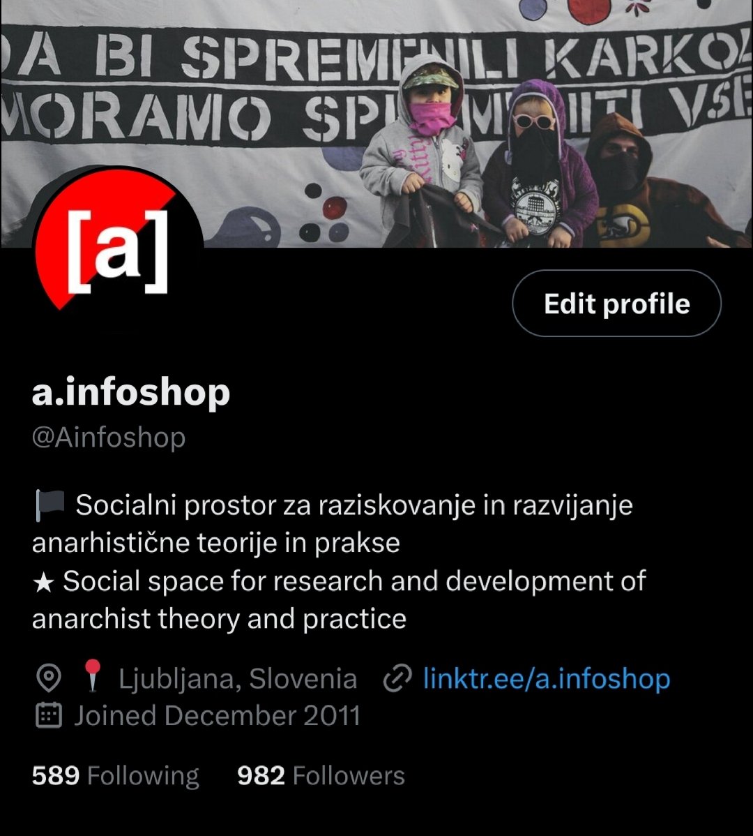 We are an anarchist social center organizing since 2003 in Ljubljana, Slovenia. Different political-social initiatives and groups are using the space on the principles of antiauthoritarian self-organization and autonomy. 

Help us reach 1k followers, share us! 

... and visit us!