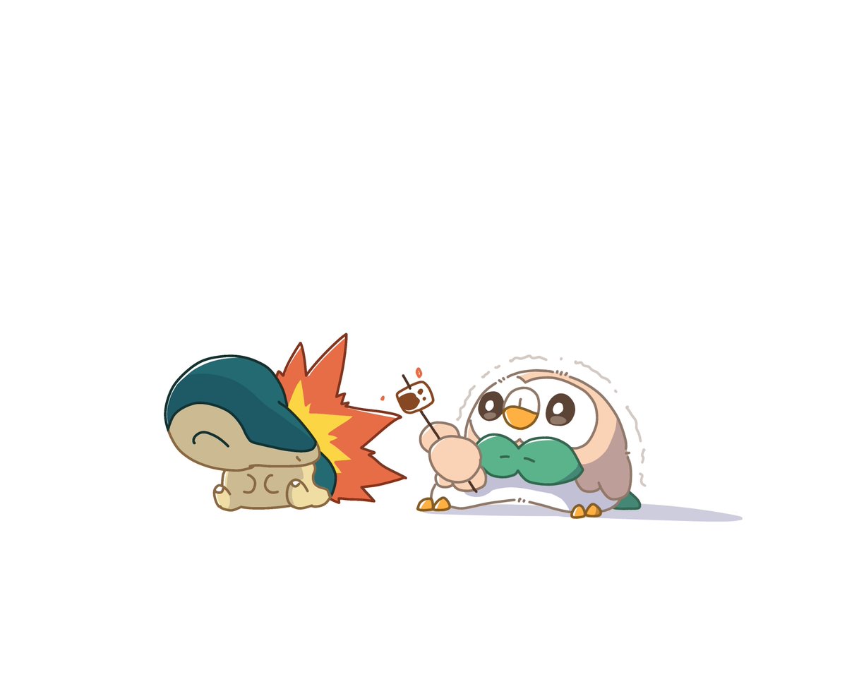 cyndaquil ,rowlet pokemon (creature) no humans trembling closed eyes white background fire holding  illustration images