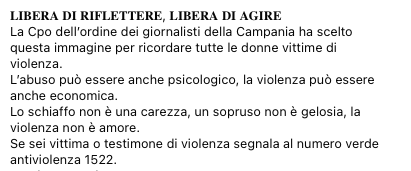cpo_odgcampania's tweet photo. 𝐋𝐈𝐁𝐄𝐑𝐀 𝐃𝐈 𝐑𝐈𝐅𝐋𝐄𝐓𝐓𝐄𝐑𝐄, 𝐋𝐈𝐁𝐄𝐑𝐀 𝐃𝐈 𝐀𝐆𝐈𝐑𝐄
La Cpo dell’ordine dei giornalisti della Campania ha scelto questa immagine per ricordare tutte le donne vittime di violenza.
#pariopportunita
#cpo
#ordinedeigiornalisti
#odgcampania
#1522 https://t.co/Rx9EwCJtD7