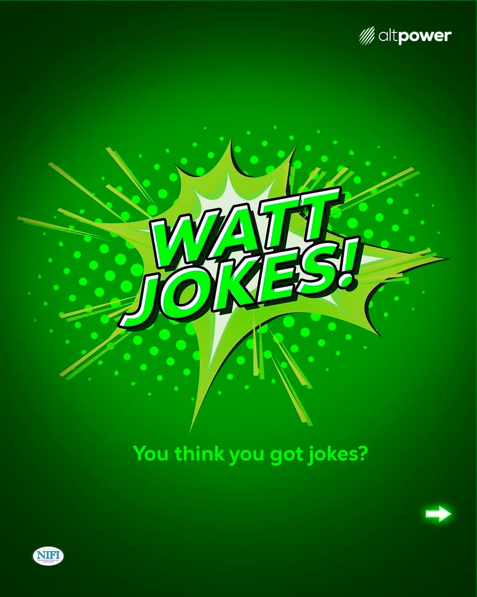 altpowerng's tweet photo. Haha! With Altpower, the lightbulb never misses any news π.
What 'watt' jokes make you giggle too? Let us know in the comments!
#AltPower #WattJokes #Electricity #SolarEnergy #PowerSupply
#RenewableEnergy #Energycompany #BelnCharge https://t.co/pc5yQvhmP2