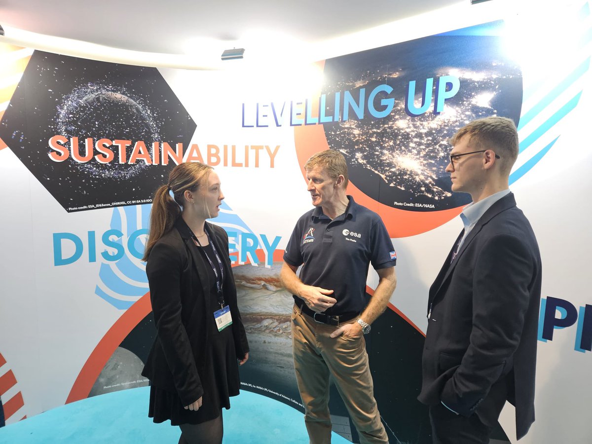 Our PhD student @CharlotteP20149 speaking with @astro_timpeake about her #LST project at @ukspaceconf this morning. #adastra #UKSC2023