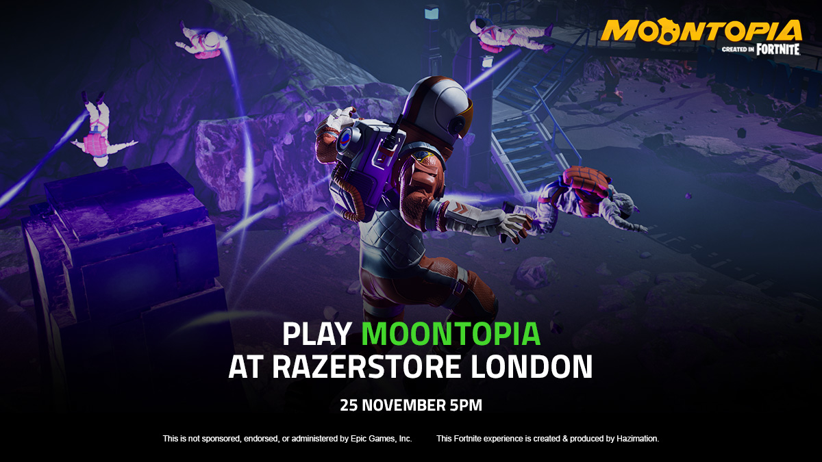 RazerStore's tweet photo. Join us at the RazerStore London on Nov 25th at 5PM to dive into the world of Moontopia, Fortnite's latest sensation. Meet the masterminds behind the game, participate in thrilling contests, and let the gaming adventure begin! ๐๐ฎ #Moontopia #RazerStore https://t.co/p3VYM5jWBF