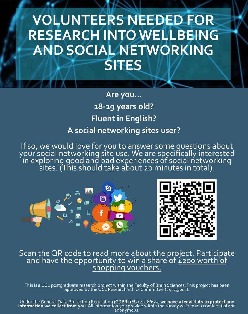 ❗LAST 20❗ PARTICIPANTS NEEDED

📌 Social media research
👨‍👩‍👧‍👦 English speaking 18-29 year olds who are regular social networking site users
⏳ 20 minutes
🔗 qualtrics.ucl.ac.uk/jfe/form/SV_bC…
🔗 SURVEYCIRCLE surveycircle.com/M3N6Y2/
#psychology #thesis #dclinpsy #socialmedia #socialnetworking