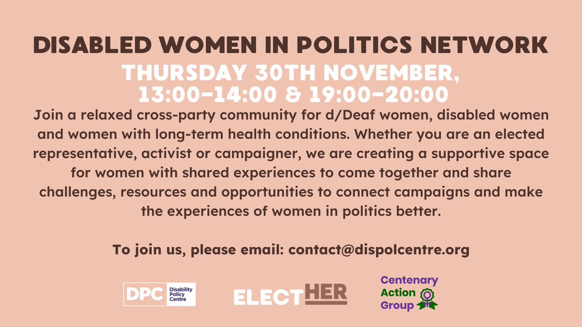 Join our bi-monthly network for d/Deaf and Disabled women and those with long term health conditions who are active in politics! Held in partnership with @CentenaryAction and @DisPolCentre. Taking place on Thursday 30th November 1-2pm & 7-8pm: bit.ly/November_Elect…