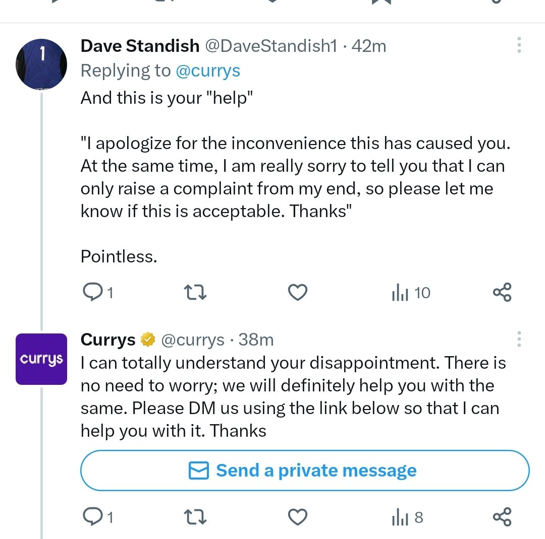 DaveStandish1's tweet photo. @currys @BBCWatchdog @FoxNikkiFox To get stuck in this "loop" of messages? No thanks. 

That's your "help".

A complaint process that goes nowhere (admitted by your own staff it's for internal use only.) https://t.co/zMSGI37Qre