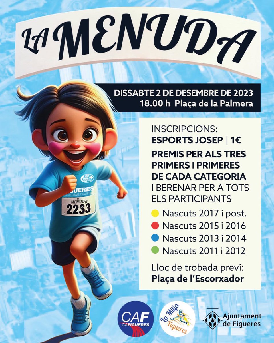 El dia 2/12 nova cita de #LaMenuda amb el #CAF a #Figueres!
.
18h - Plaça de la Palmera
.
Inscripcions a <a href="/ESPORTSJOSEP/">BASE: ESPORTS JOSEP</a>
.
Trofeus als 3 primers/es de cada categoria i xocolatada
.
<a href="/ajfigueres/">Ajuntament de Figueres</a> <a href="/visitfigueres/">Visit Figueres</a> <a href="/tramuntana_tv/">Tramuntana Televisió</a> <a href="/emporda_info/">EMPORDÀ</a> <a href="/DiariHoraNova/">HORA NOVA</a> <a href="/ElGerio/">El Gerió Digital - Girona</a> @diaridefigueres
