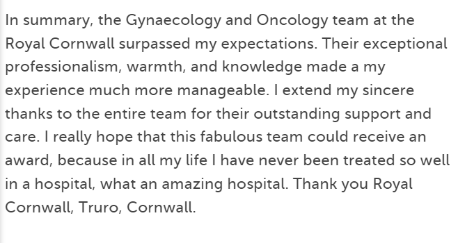 Care Opinion (@careopinion) on Twitter photo "Despite my initial nervousness, I was quickly put at ease by the team's warmth and preparation." Amazing feedback for <a href="/RCHTWeCare/">Royal Cornwall Hospitals NHS Trust</a> this morning 💖
careopinion.org.uk/1140749 "Despite my initial nervousness, I was quickly put at ease by the team's warmth and preparation." Amazing feedback for <a href="/RCHTWeCare/">Royal Cornwall Hospitals NHS Trust</a> this morning 💖
careopinion.org.uk/1140749