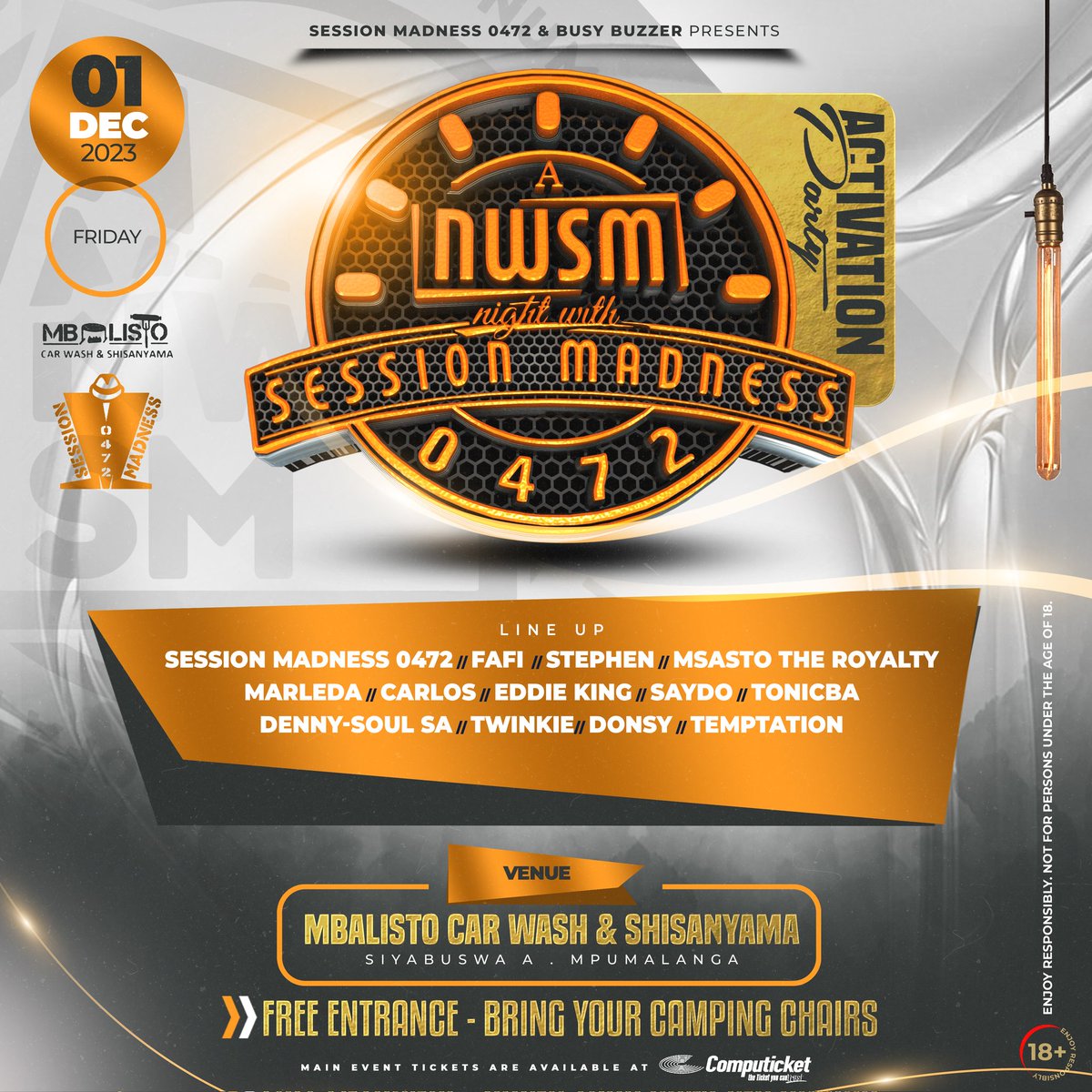 SessionMadness's tweet image. Where There&apos;s Smoke💨 There&apos;s Fire🔥, Now Follow This Smoke. Meet Us On The 1st &amp;amp; Let&apos;s Activate The Heat🎶🔥 The Bombs &amp;amp; Detonate The Madness
Online Purchase Link : computicket-boxoffice.com/e/a-night-with…

Tickets : Phase 1 R150(Closing Date 30 Nov 23) Pre-sale R200 @The Gate R250