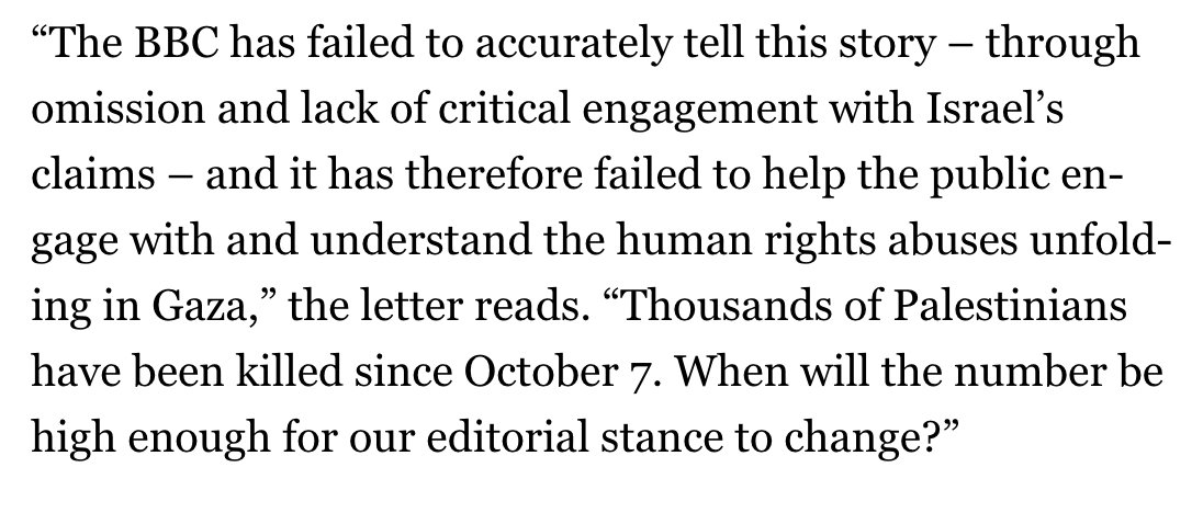 eight UK-based BBC journalists accused the BBC of bias against Palestinians, in a written statement to Al Jazeera; they requested anonymity fearing reprisal from their employer.  story frm @anealla  aje.io/jmqelp