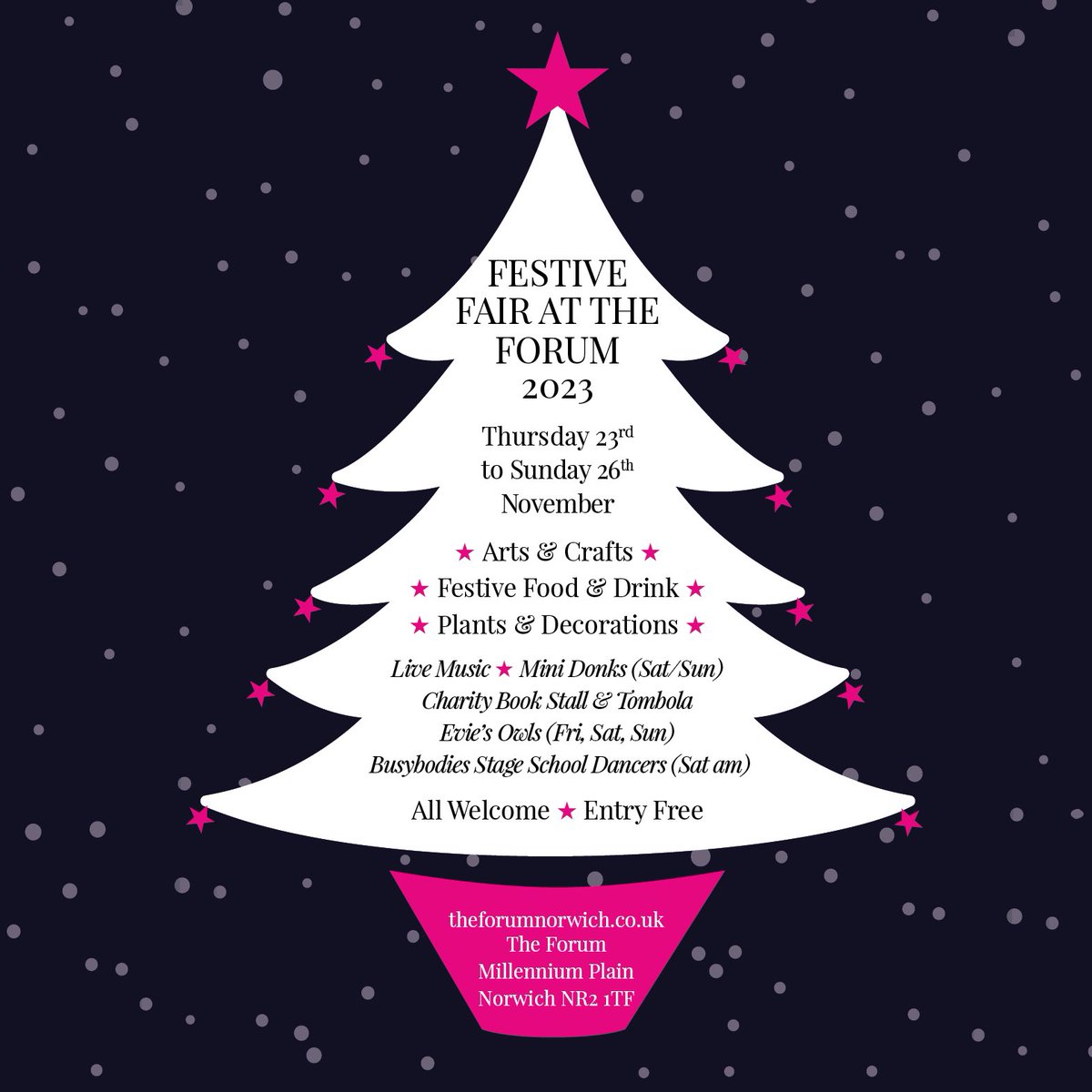 AtkinsCaro's tweet photo. The Festive Fair @TheForumNorwich is underway! All sorts of lovely stalls from Thursday 23rd to Sunday 26th November - all welcome, entry free. Pop in if you’re in the city! https://t.co/8p7kaX7RrR