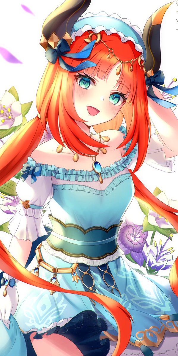 nilou (genshin impact) 1girl solo jewelry horns flower smile long hair  illustration images