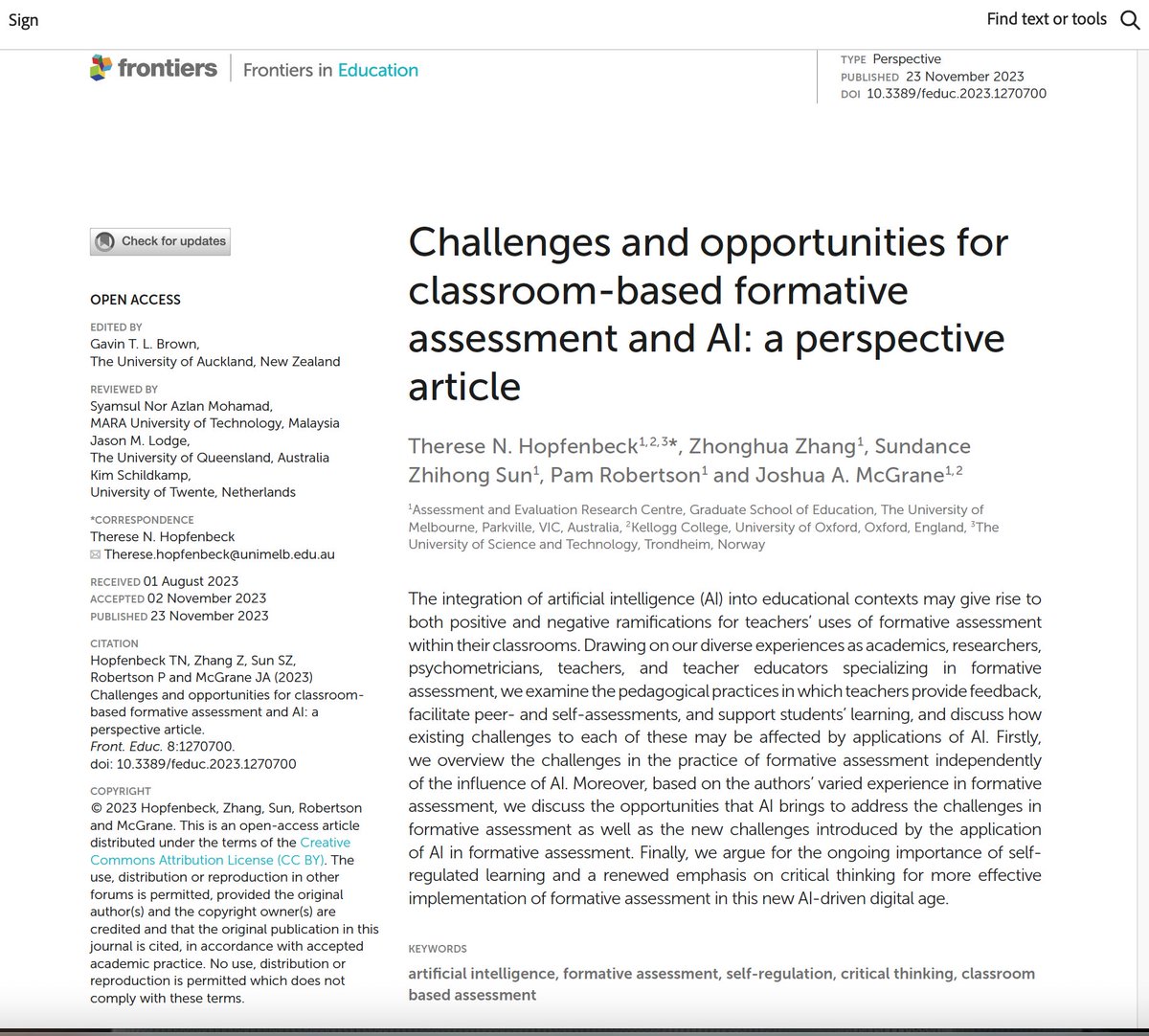 Congratulations @AERC_UniMelb on new publication on formative assessment, classroom based assessment and AI - @Sundance_Sun @FrontEducation @KelloggOx @DeakinREDI @dylanwiliam @CEMO_UiO @ernestopanadero @AEAe_2000 @carpe_dcu @sammons_pamela @IOE_London frontiersin.org/articles/10.33…