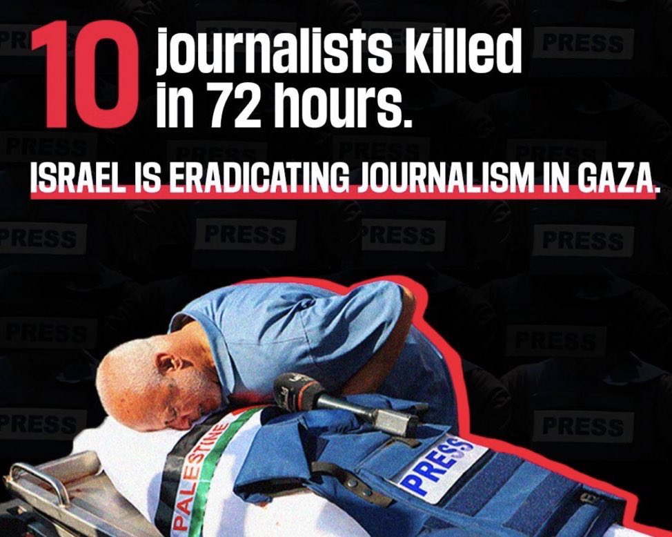 🔴 Israel está erradicando el periodismo en Gaza 

10 reporteros asesinados en solo 72 horas. 48, desde el inicio de la ofensiva.

Urge que la comunidad internacional intervenga, que se abra el paso de Rafah y se permita entrar a medios internacionales.

👉🏼bit.ly/47DfkJm