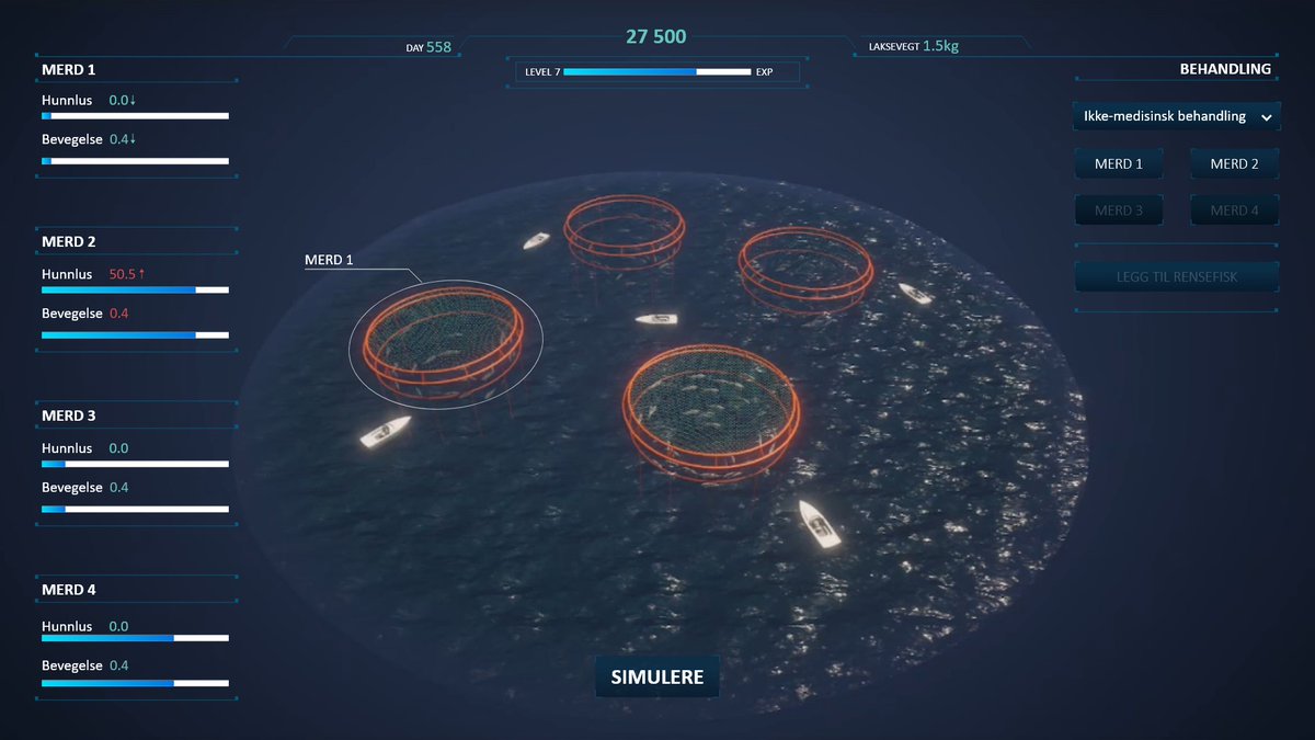 Licey! We’re making a simulation game together with the National Veterinary institute and FHF. It gamifies (in particular) Lice-attacks on our salmon farms, a pretty hot topic right now in Norway (and Iceland). 
#gamification #simulation #videogames #gamesdevelopment #salmonfarms