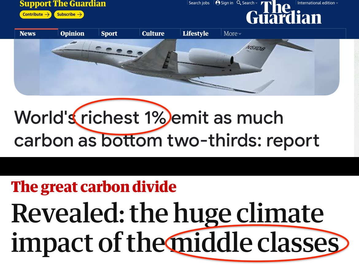 gregoryshapiro's tweet image. The @guardian: &quot;Richest 1% emit as much #CO2 as poorest 66%.&quot; 
Also the #Guardian: &quot;It&apos;s the #MiddleClasses!&quot; 

#Climate #ClimateEquality #ClimateJustice