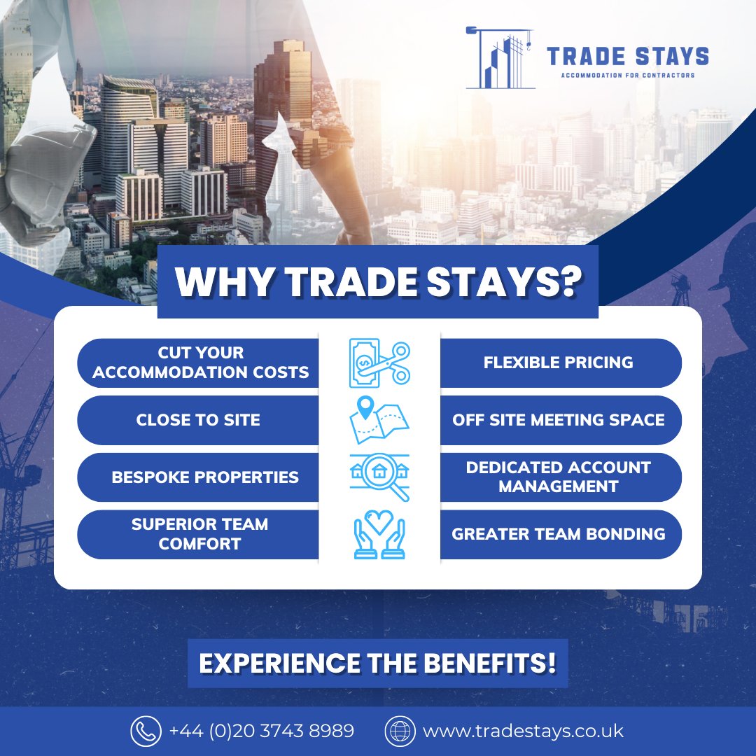 Unlock the Power of Trade Stays! 🌟 

Ready to experience the benefits? Visit tradestays.co.uk

#TradeStays #ContractorAccommodation #ProjectSuccess #TeamAccommodation #ConstructionManagement #BusinessTravel