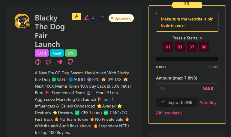 👉The Pinksale BLACKY SALE is happening in one day.

Guys, set your alarms so you don't miss this last chance.🔥

#BSC #BNB #Memes #NFT #BLACKY #1000xgem