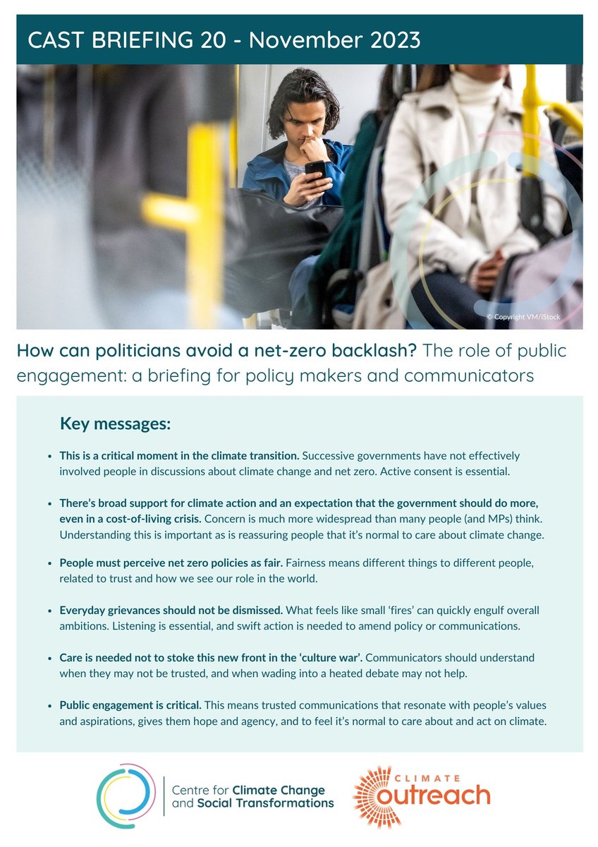 Our collaborative CAST policy briefing with <a href="/ClimateOutreach/">Climate Outreach</a>: 'How can politicians avoid a #NetZero backlash?' is now live on our website 🎉

We share insights on how to build and maintain active public engagement with the net zero transition 🌍

Key messages 🧵