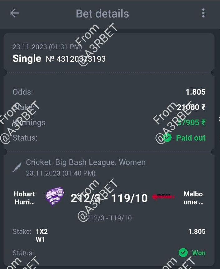 Cricket - Big Bash League Women

🏏 Hobart W ML ✅
🔖 1.80
💵 21 Units

#GamblingTwitter #SportsBetting #TeamParieur #SportsBet #Betting #FreePicks #A3RBET #SportsBettor

#CricketTwitter #Cricket #WBBL #BigBashWomen #WBBL09 #HobartHurricanes #MelbourneRenegades

Like + RT